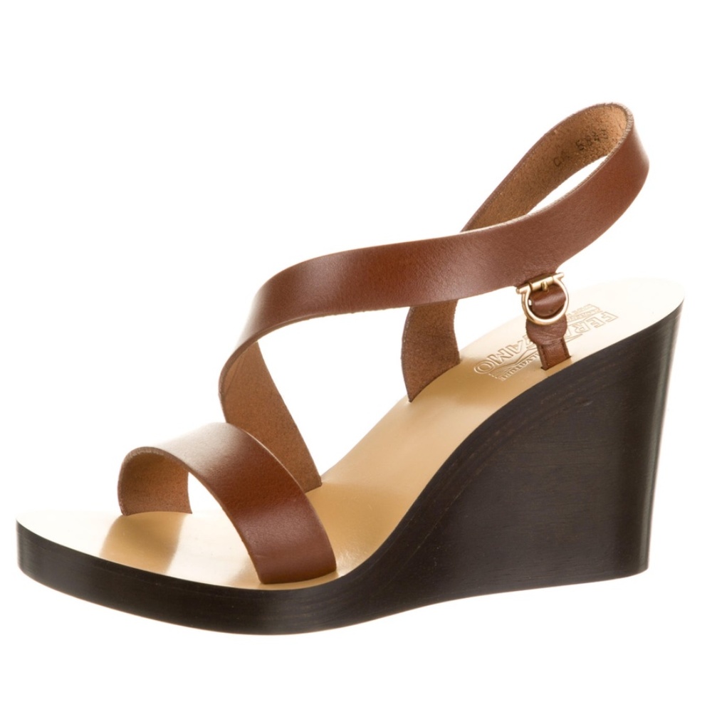 Salvatore Ferragamo size 7.5 leather and wood slingback wedges
